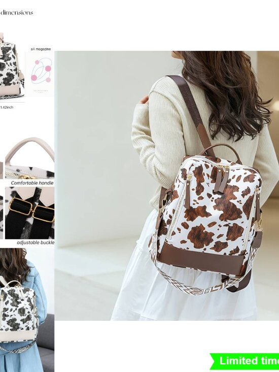 Cow Print Backpack Purse Women Cute Convertible Vegan Shoulder Bag Travel main image 4